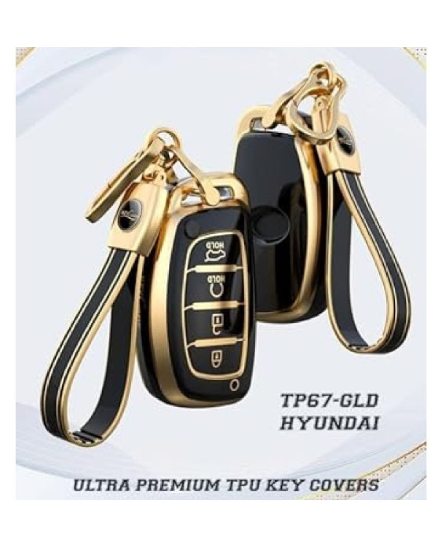 Keycare TPU Key Cover Compatible for Alcazar and Creta 2021 4 Button Smart Key | TP67 Gold Black